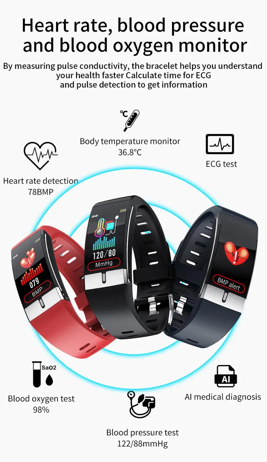 2020 NEW E66 Smart Watch ECG PPG Wristband Temperature Measurement Heart Rate Blood Pressure Oxygen Health Bracelet Band | Электроника