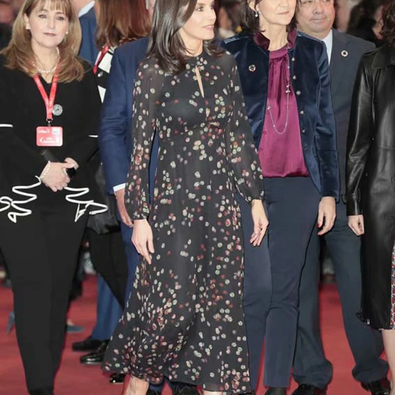 

Queen Letizia Long Sleeve Print Polka Dot Party Slim Elegant Temperament Long Dress Spring Summer Women'S Wear New High Quality