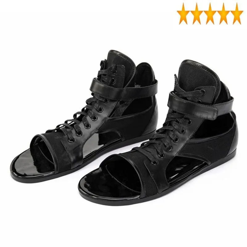 

Top Rome High Hollow Out Beach Men Real Leather Lace Up Open Toe Casual Outside Shoes Flats Gladiator Hook Loop Sandals