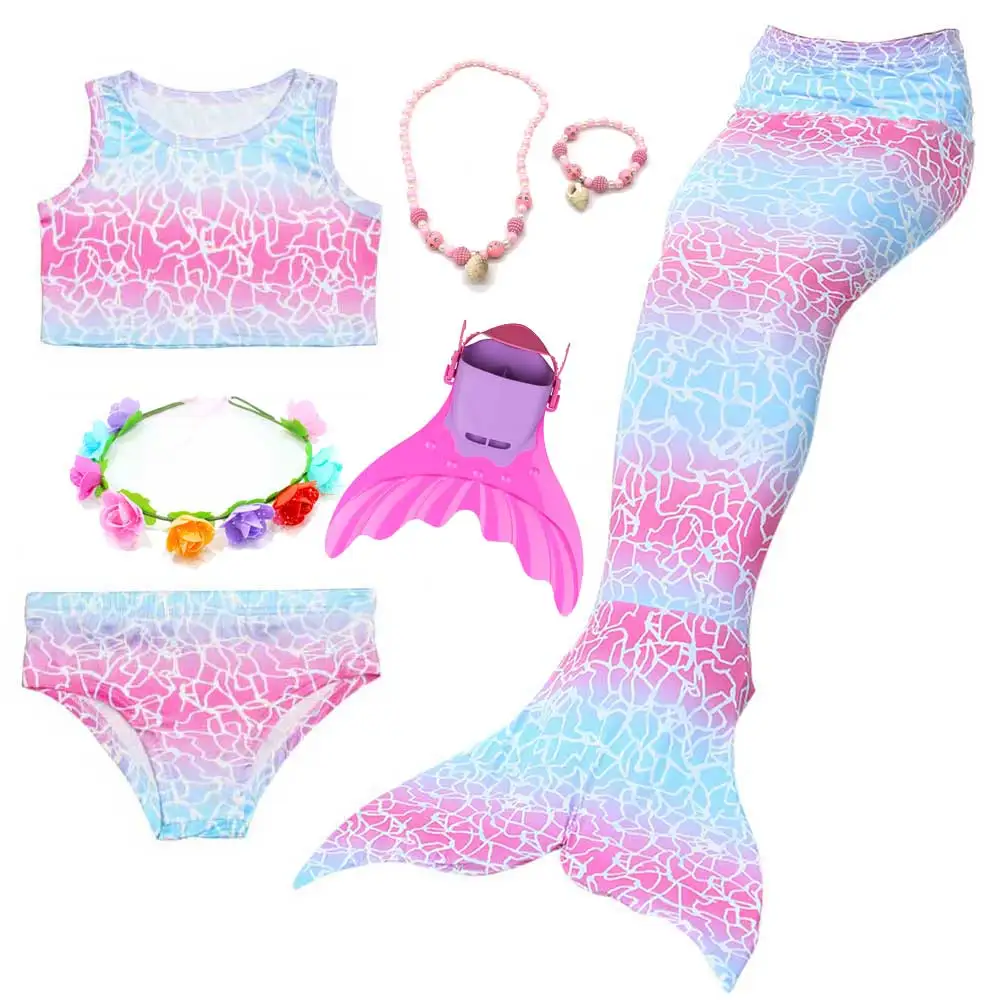 7pcs Mermaid Set 3 Дизайн; Костюм Русалки для девочек; купальный костюм или вечерние костюмы для косплея; красивое желтое бикини и хвост русалки для плавания - Цвет: 7pcs Mermaid Set 3