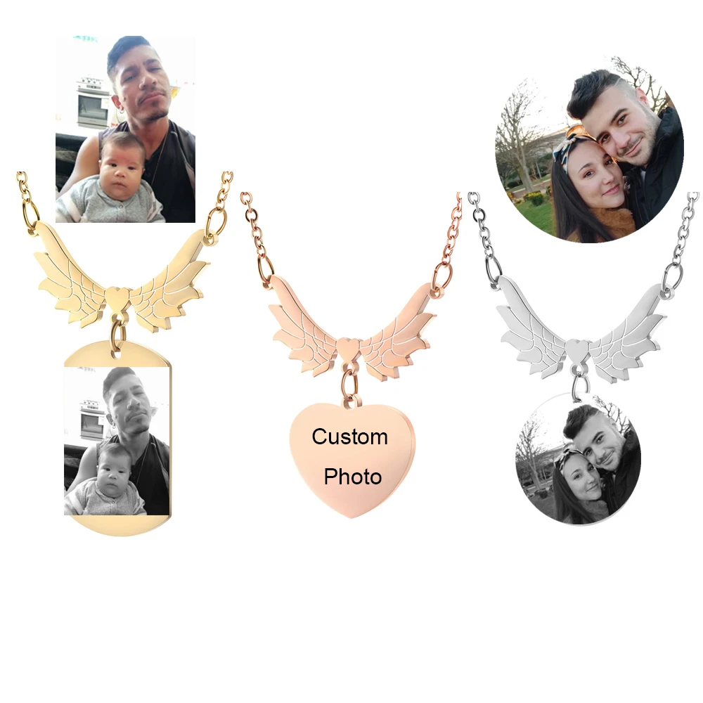 Индивидуальное ожерелье с фото текстом, чокер, Крыло ангела, подвеска из нержавеющей стали, персонализированная Подвеска для семьи, влюбленных, подарки на день Святого Валентина