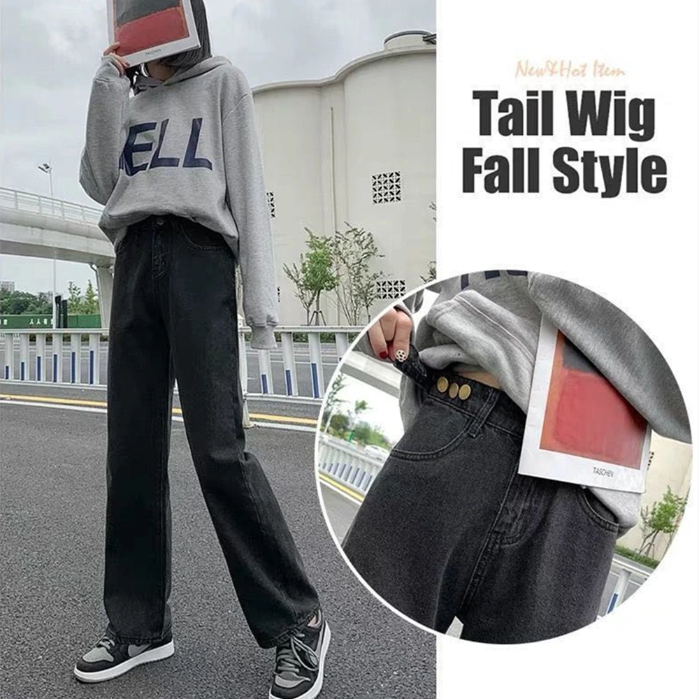 Женские джинсы с высокой талией синие прямые брюки в стиле Харадзюку широкими