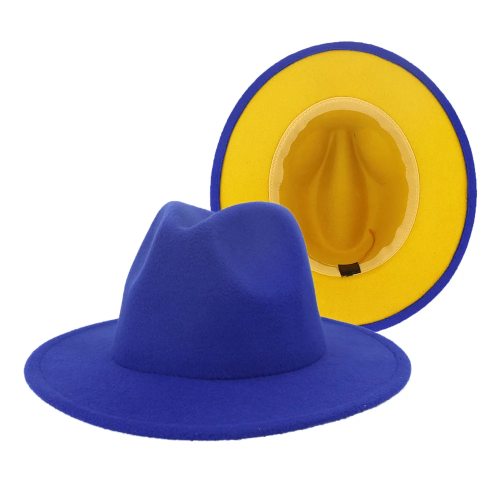 

HanXi Fashion Yellow Bottom Fedoras Hat Lady Patchwork Felt Jazz Caps for Unisex