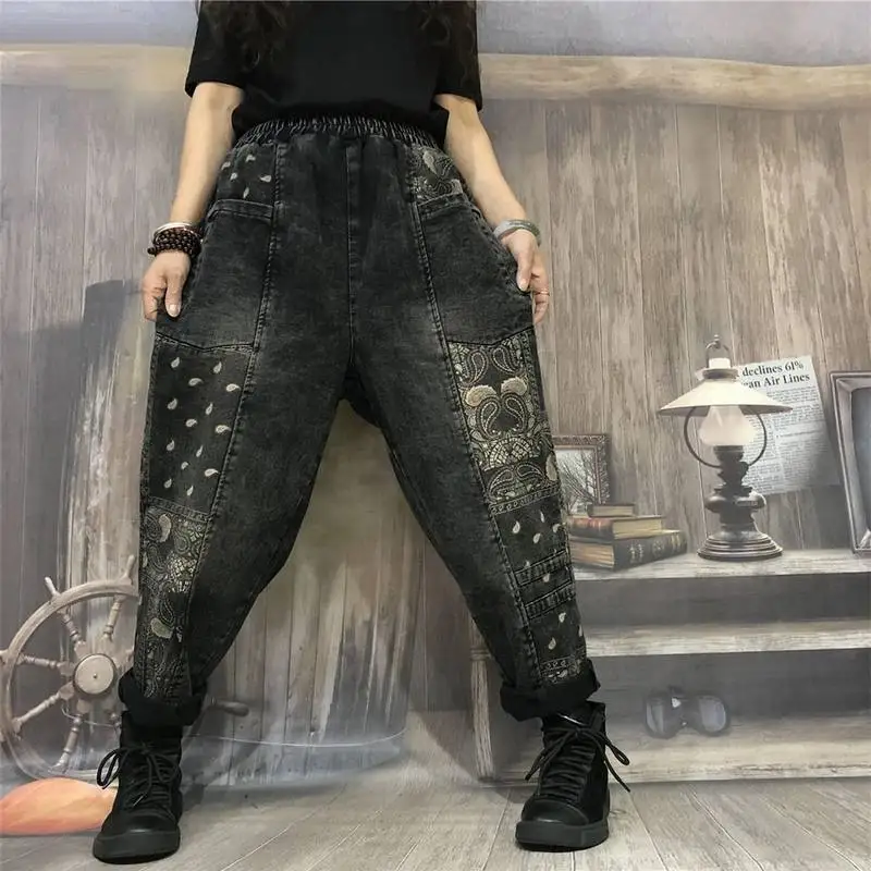 

New Arrival Autumn Arts Style Women Elastic Waist Loose Casual Cotton Denim Harem Pants Vintage Print Jeans Plus Size S617