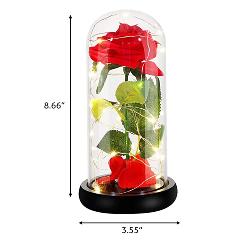 

LED Rose Lamps Beauty And The Beast Red Rose Flower In Glass Dome Wooden Base For Valentine's Day New Year Gifts Home Decor