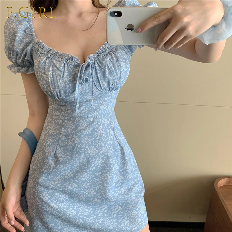 

Holiday New Bow Summer Dress Vintage Blue Floral Print Beach A-Line Dress Slim Women Mini Dress Vestidos plus size Sexy Dress