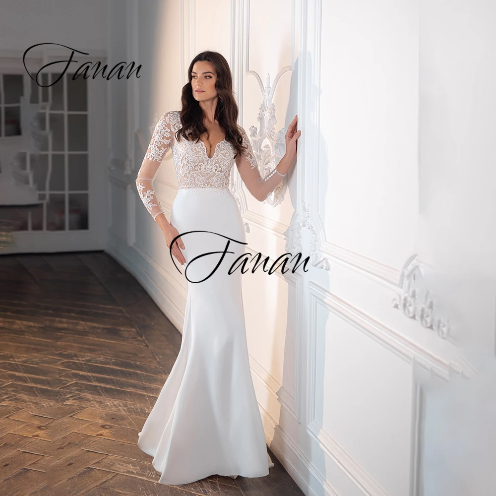 

Sexy V-Neck Long Sleeeve See-Through Wedding Dresses Mermaid IIIusion Satin Bridal Gown robe de soirée de mariage платье
