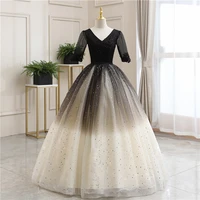 black vestidos quinceanera dresses half sleeve party dress elegant v neck formal ball gown vintage prom dress plus robe de bal