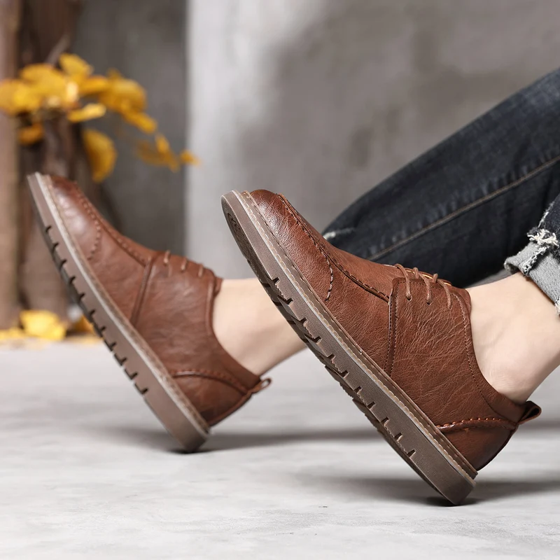 Кроссовки мужские кожаные на шнуровке удобные дышащие Повседневная Молодежная