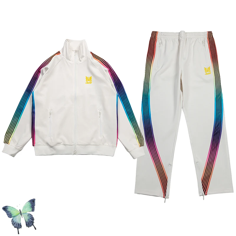 

Needles Butterfly Embroidered Ribbon Jacket Men Women Webbing Casual Student Zip Jacket