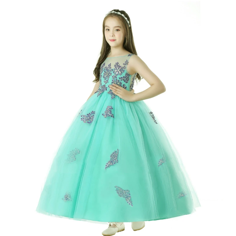 Free Shipping Child Party Dress 2021 New Arrival Green Girl Dresses For 14 Years Lace Appliques Kids Evening Gowns Ankle Length |