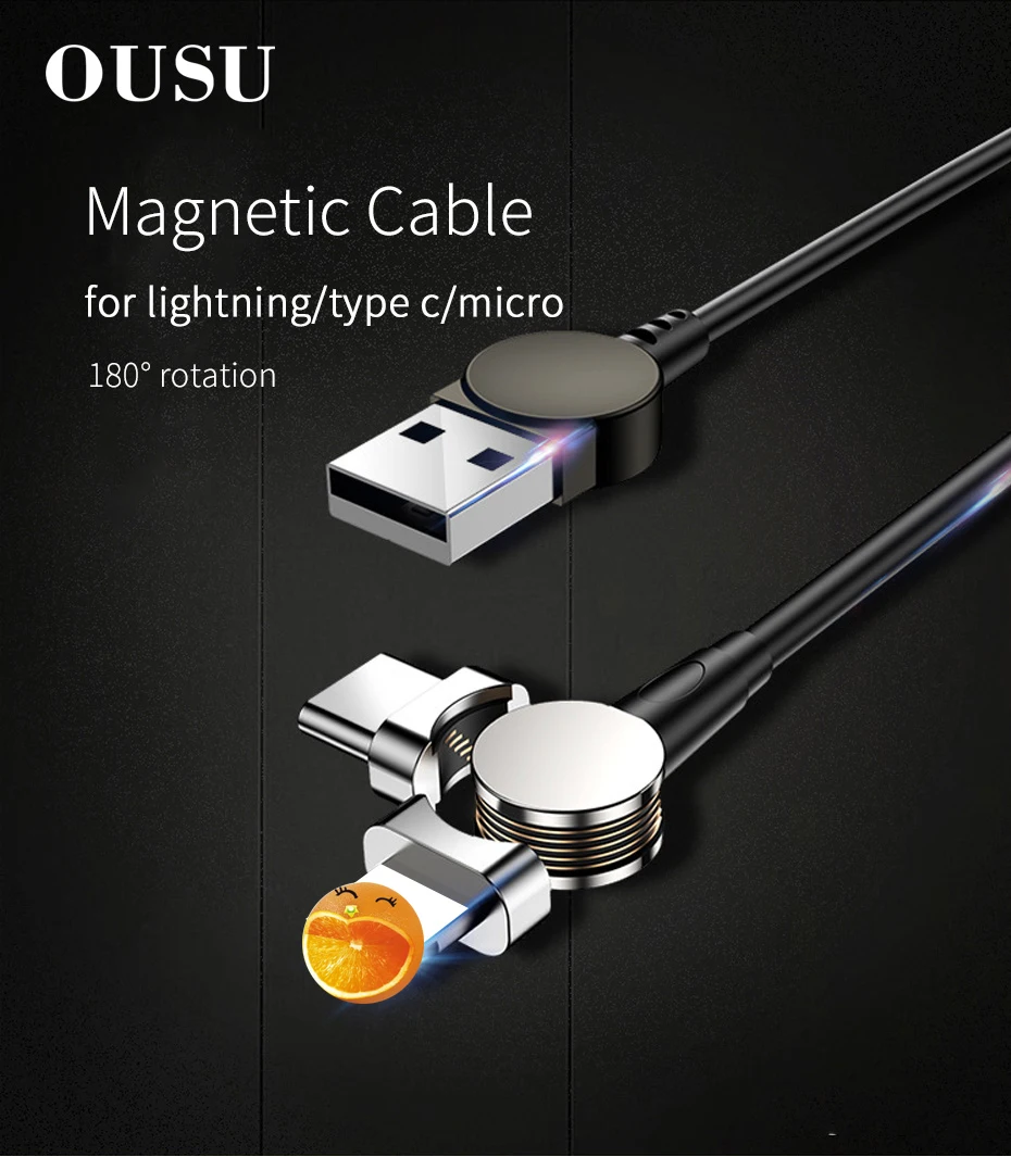 OUSU вращающийся 3A Быстрая зарядка 3,0 Micro usb type C Магнитный кабель системы освещения кабель USB C для iphone кабель зарядное устройство