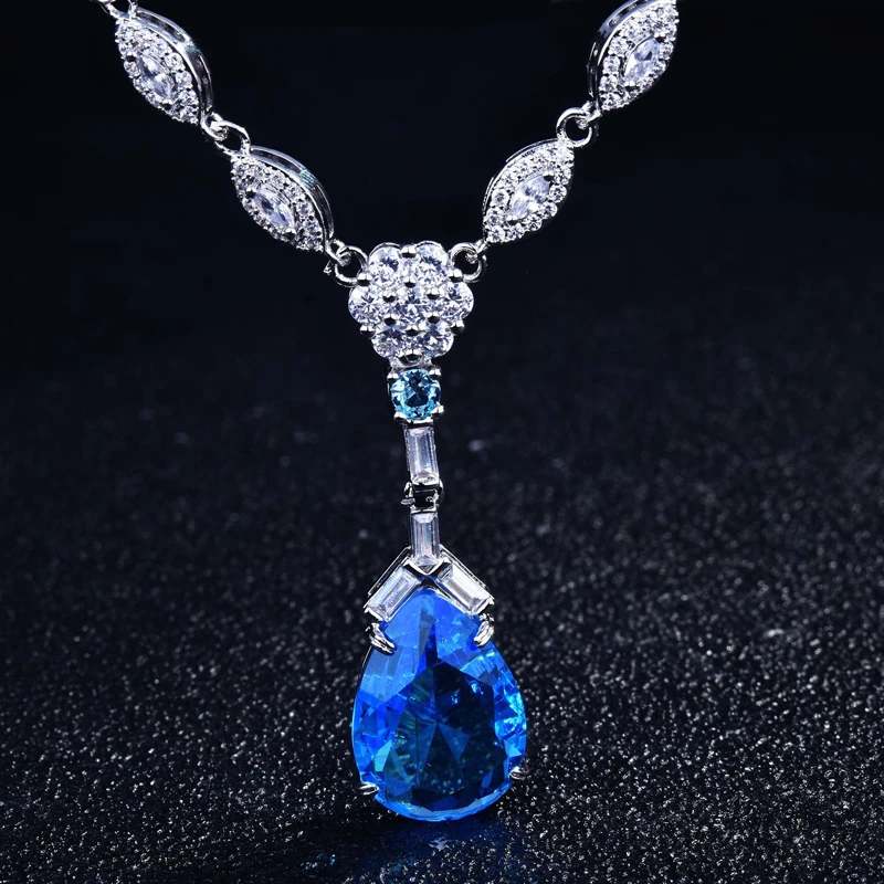 

Europe America Luxury Necklace Charm Heart Of The Sea Blue Teardrop Pendant Fashion Jewelry For Women Wedding Anniversary Gift