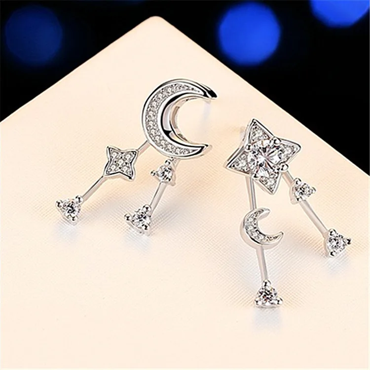 

Simple 925 Sterling Silver Mosaic Zircon Moon Star Asymmetry Tassel Earring For Women Gift brincos oorbellen