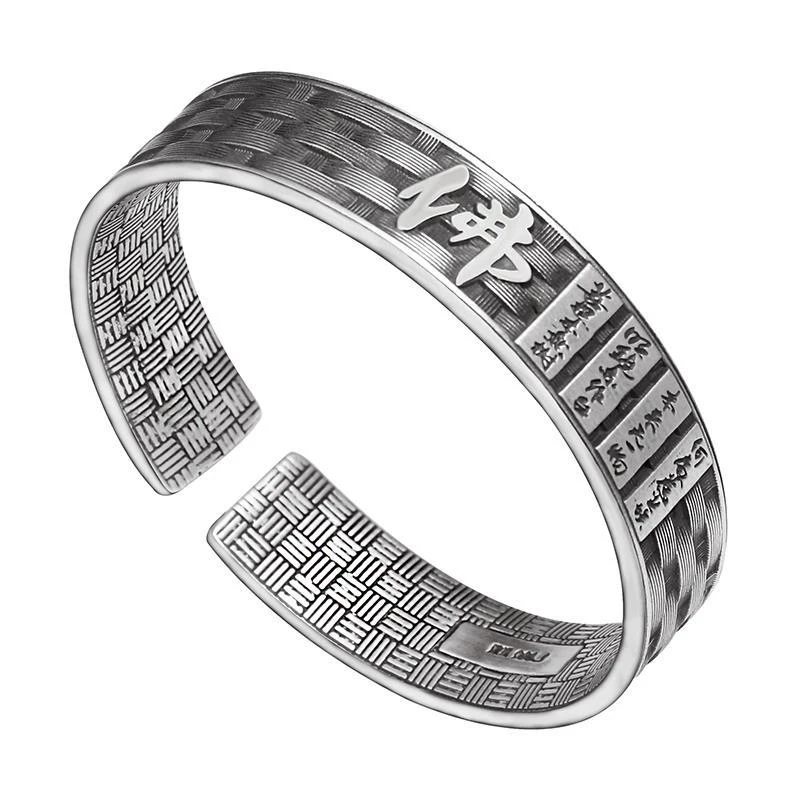 

New Handmade Sixth Buddha Men's Bracelet Silver Ethnic Style Retro Tide Football Silver Open Bracelet Jewelry Accessories