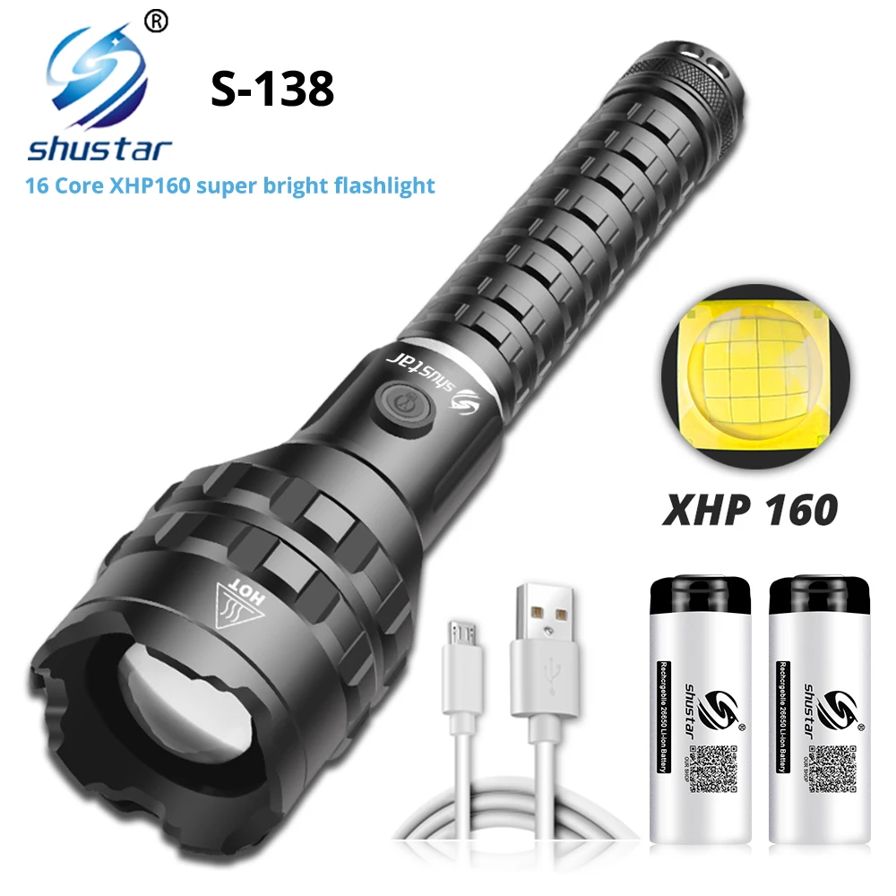 Супер яркий светодиодный фонарь XHP160 16 ядер, портативный фонарь, светильник онарь для кемпинга с подсветкой дисплея с зарядкой, 500 метров - изображение