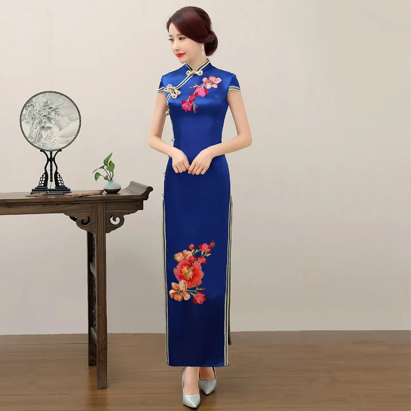 Light Blue Womens Short Sleeve Dress Long Cheongsam Oriental Wedding Party Qipao Chinese Style Elegant Gown Clothes Vestido |