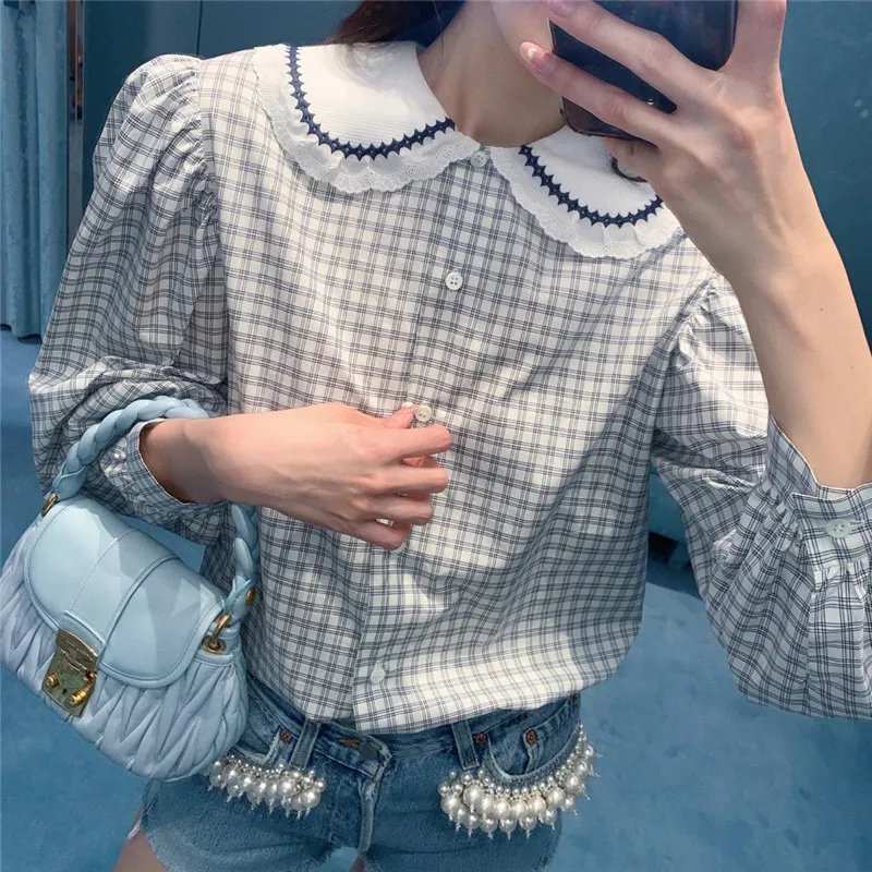

Cotton and Linen Women's Plaid Doll Collar Shirt Puff Sleeve Top Long Sleeve Women