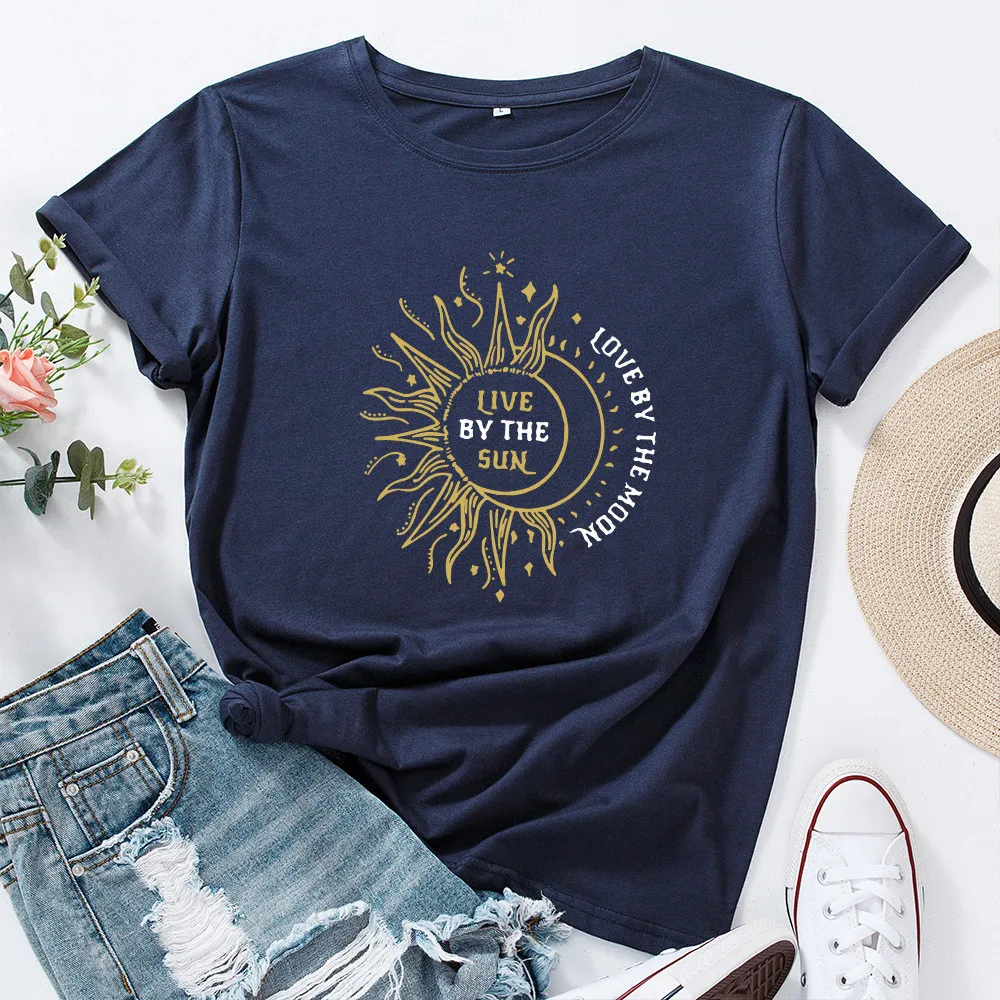 

Live By The Sun Love By The Moon Print T Shirt Women Cotton 5XL Plus Size Aesthetic Graphic Tees Short Sleeve Summer Tshirts