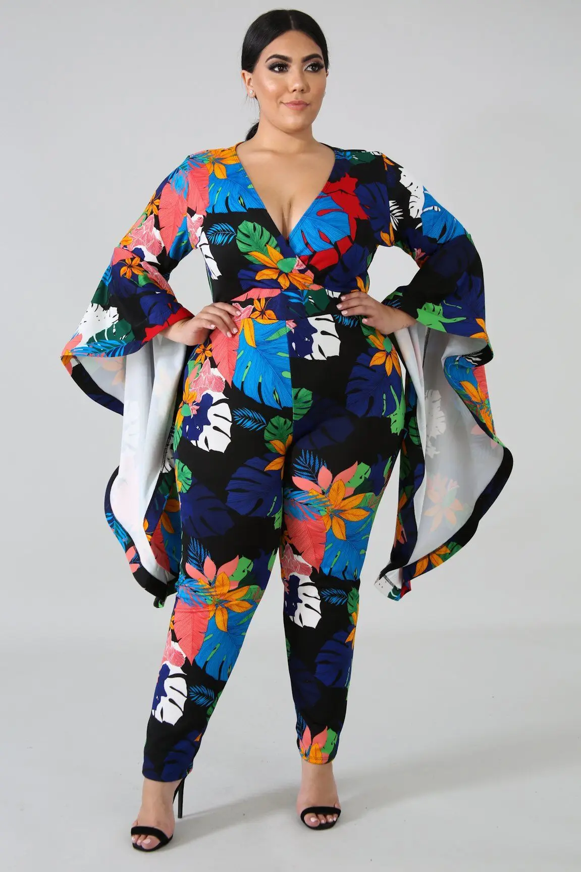 Женский комбинезон размера плюс с v образным вырезом облегающий цельный широким