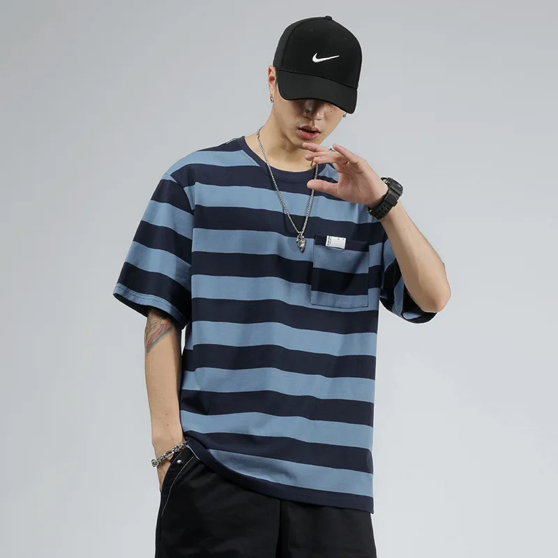 

Men's coarse stripe short sleeve t-shirt men's summer new ins Japanese trend loose half sleeve top graphic t shirts anime shirt