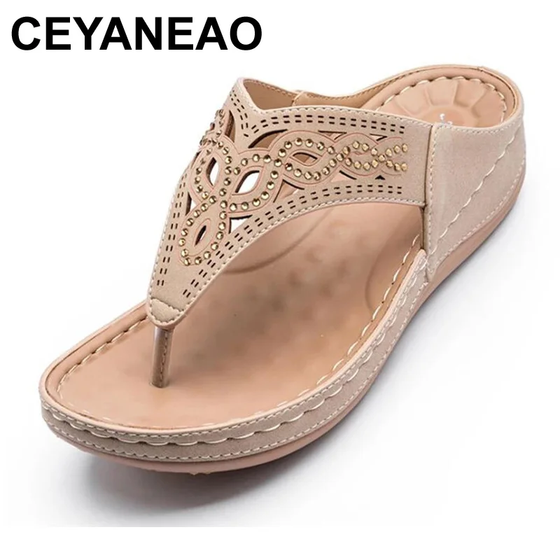

CEYANEAO 2021 Women Shoes Summer Genuine Leather Beach Sandals Wedge Platform Slippers Flip Flops For Women Platform Slippers