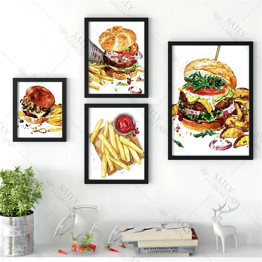 

Abstract Canvas Painting Burger Kitchen Watercolor Cheeseburger with Fries Wall Art Decor Pictures Nursery Kids Room Posters