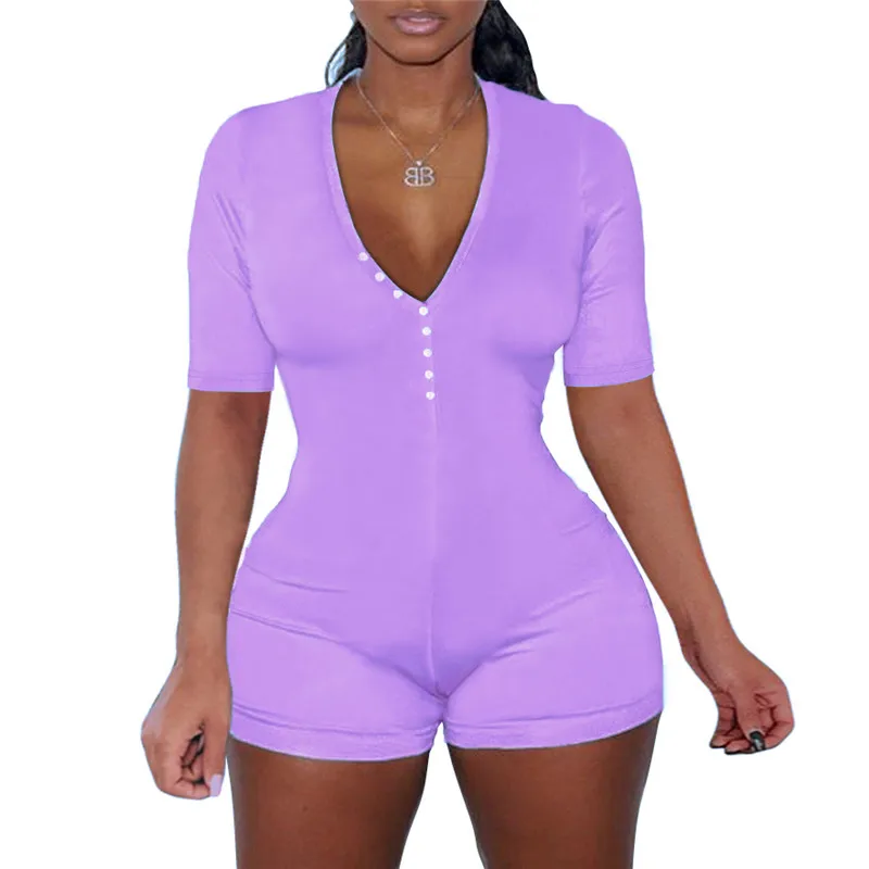 

Womens Sexy Deep V Neck Rompers Short Sleeve Button Front One Piece Bodycon Jumpsuit Nightwear Home Casual Wear Playsuit