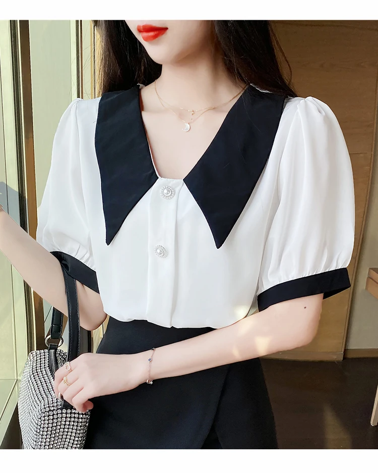 

Summer Women's Blouses Fashion Tops Casual Shirts Chiffon Blusas Splicing Solid Color Doll Collar Short Sleeve Korean New