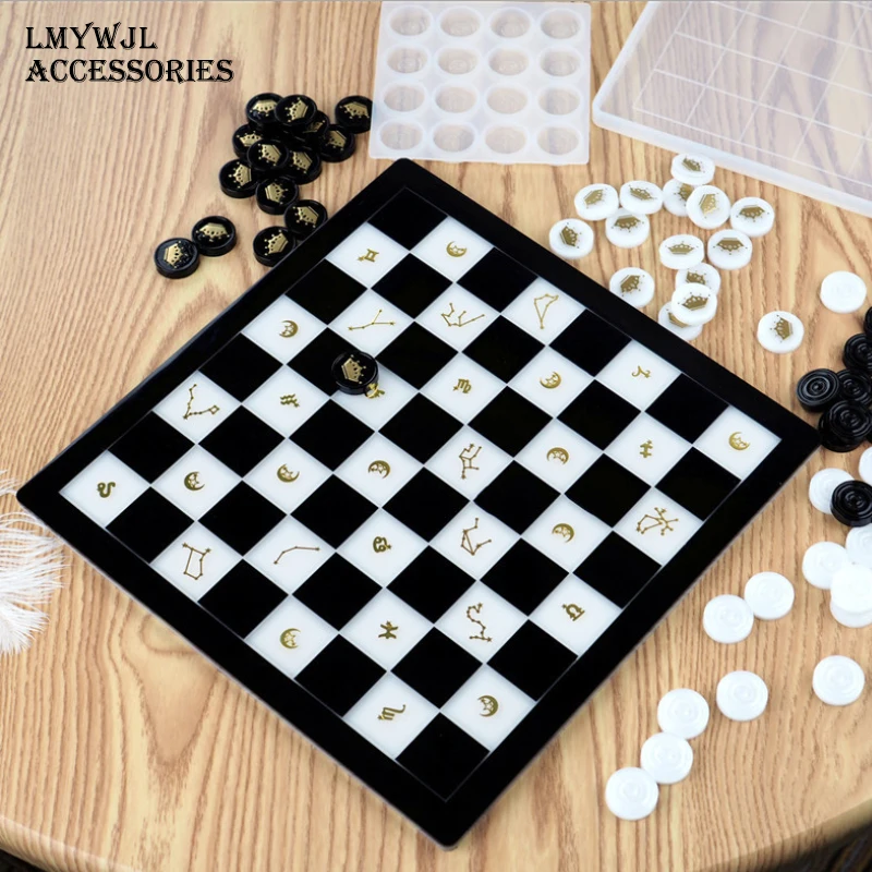 

DIY Handmade Epoxy Resin Chess and Checkers Silicone Mold Set Epoxy Resin Mirror Chessboard and Chess Pieces Making Materials