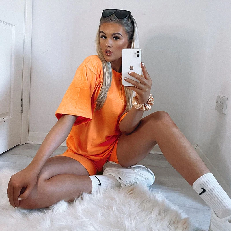 IAMHOTTY Casual Solid Basic Oversized Tshirt Shorts Tracksuit Women Tops With Belt Fitness Plus Size Two Piece Set Clothes Summe | Женская