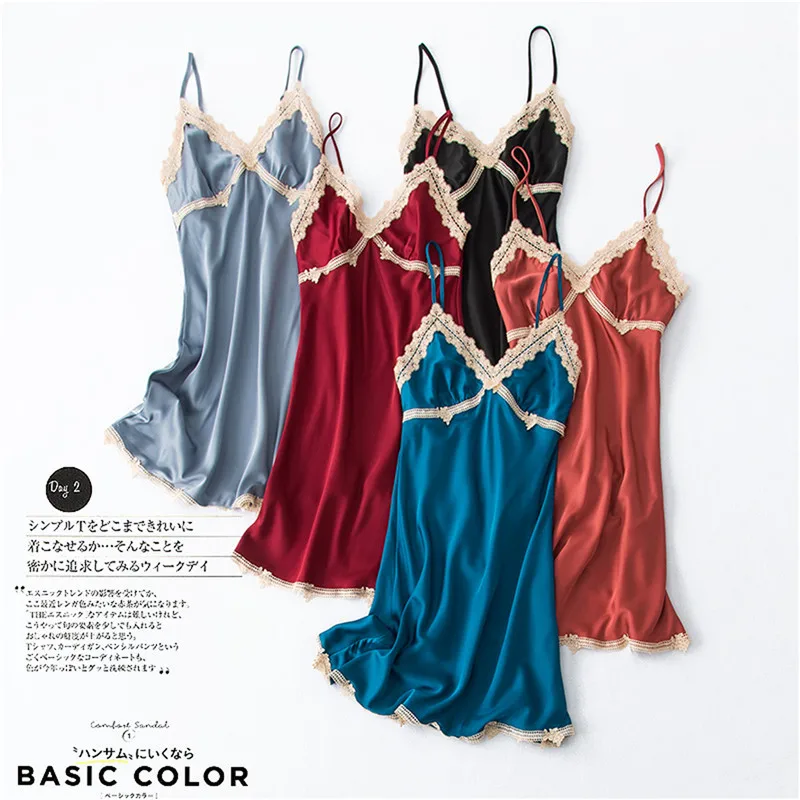 Women's Sexy Lingerie Silk Nightgown Summer Dress Lace Night Dress Sleepwear Babydoll Nightie Satin Homewear Chest Pad Nightwear