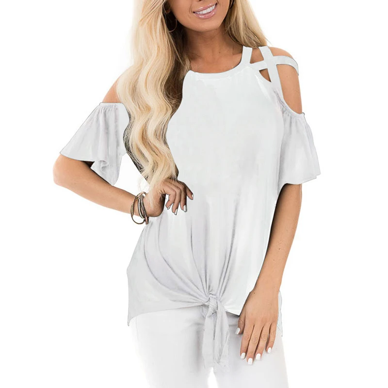 

2020 Short Sleeve T-Shirt Summer Women Sexy Off Shoulder Top Strapless Cross Solid Color Casual Bandage Tops Female SJ5931C