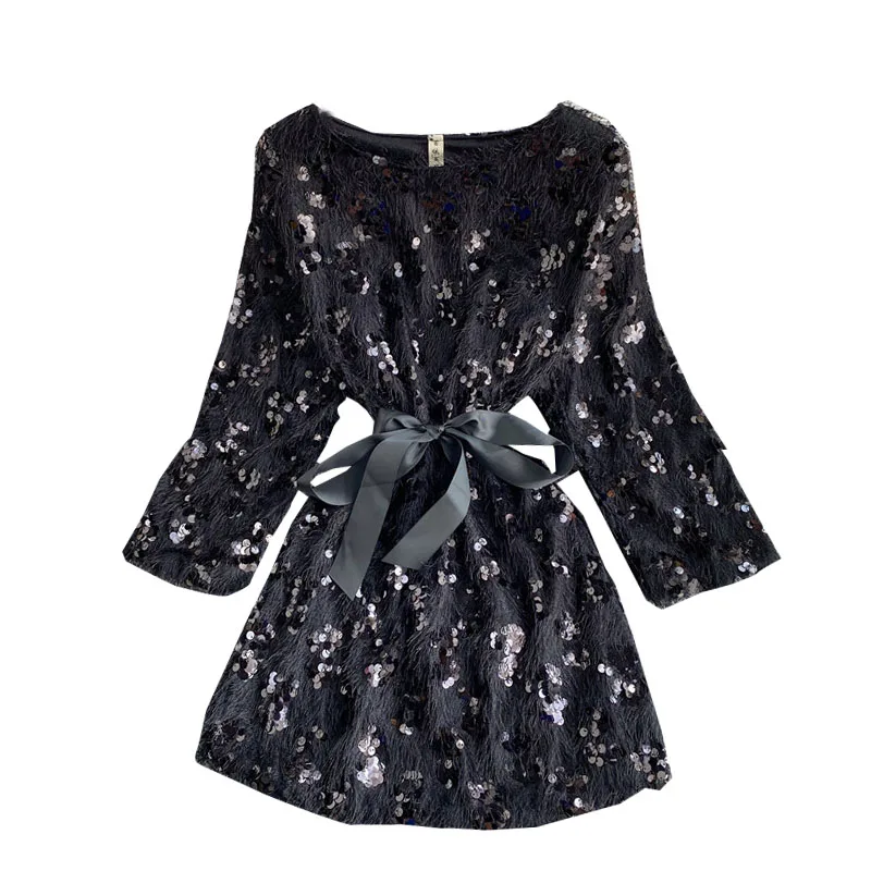 

Guilantu Spring Autumn Sequined Tassel Mini Dress Women Clothes O Neck Long Sleeve Solid Bandage Sexy Club Party Elegant Dresses