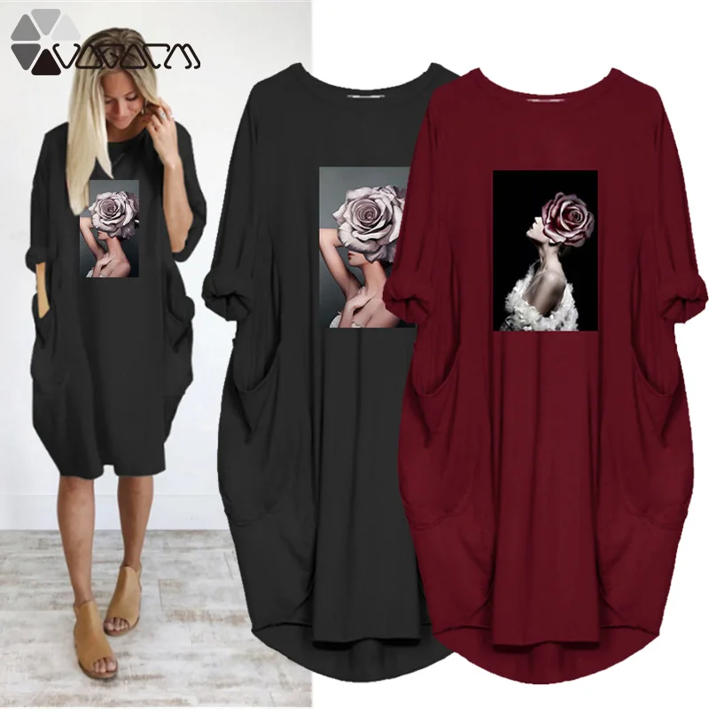 

Plus Size Women Vintage Dresses Vouge Girl Print Autumn Loose Midi Long Sleeve o Neck Pockets Casual Streetwear Pregnant Dress