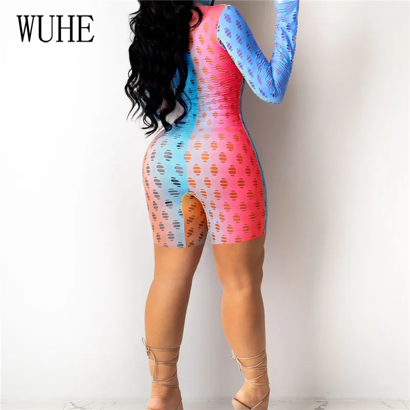

WUHE Gradient Colorful Print Playsuits Hole Hollow Out Long Sleeve Sexy V Neck Zipper Up Joggers Sports Fitness Streetwear Party