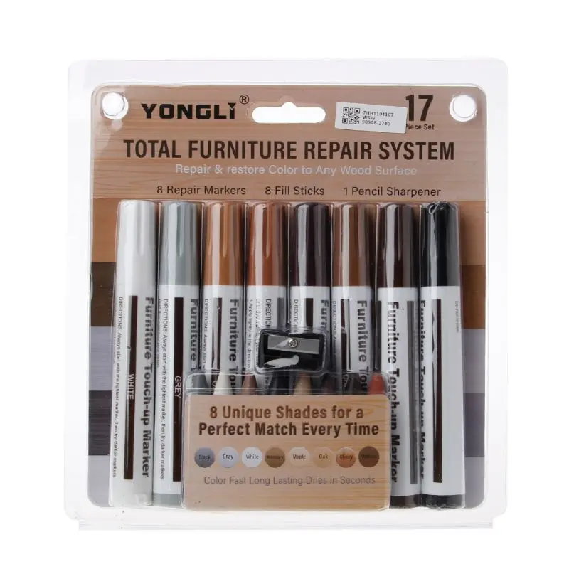 H7JB 17Pcs Furniture Touch Up Kit Markers & Filler Sticks Wood Scratches Restore Kit