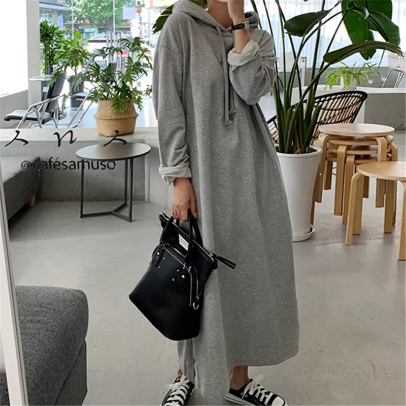 

TVVOVVIN New Hooded Women's Split Fashion Casual Loose Mid-length Dress Gray Long Sleeve Spring Straight Dress J12O