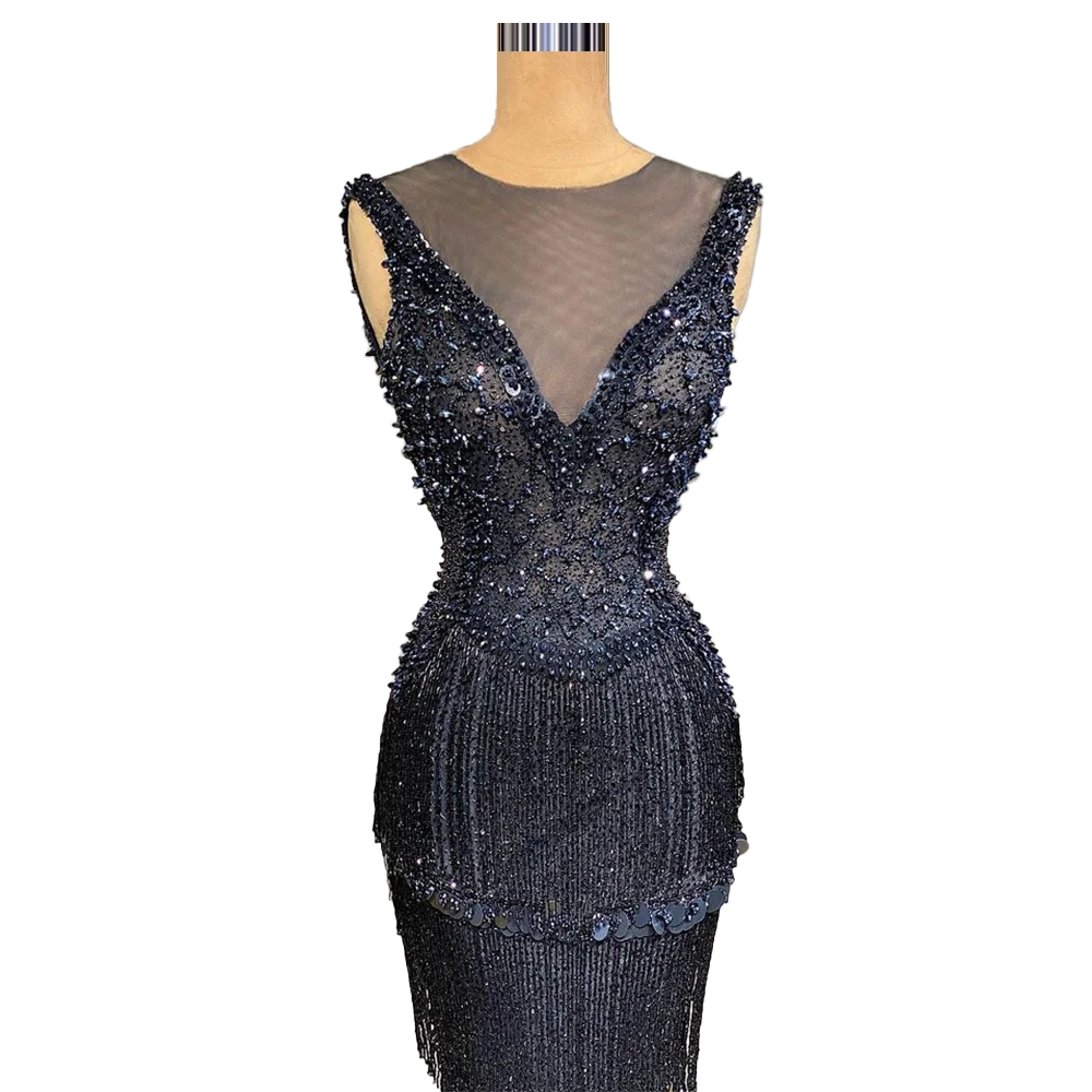 

Sleeveless Black Party Dresses Women Evening Tassels Sequins vestidos de graduacin Floor Length Slim Evening Dresses Long
