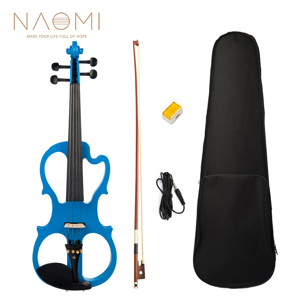 Enlarge NAOMI Silent Electric Solid Wood Violin Ebony Fittings in Blue Color Fiddle Set w/ Brazilwood Bow+Rosin+Cable+4/4 Violin Case