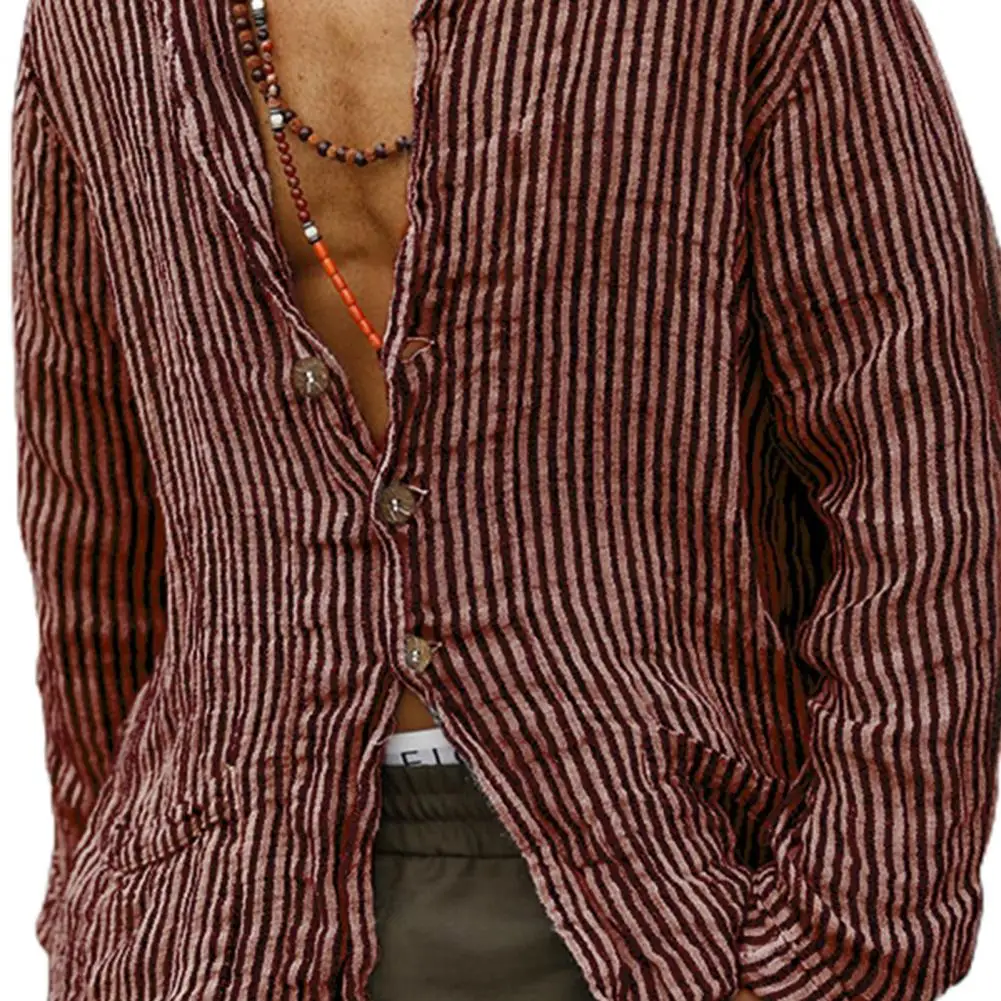 

Shirt Long Sleeve Stripes Men Turn Down Collar Single-breasted T-shirt Top for Spring/Summer