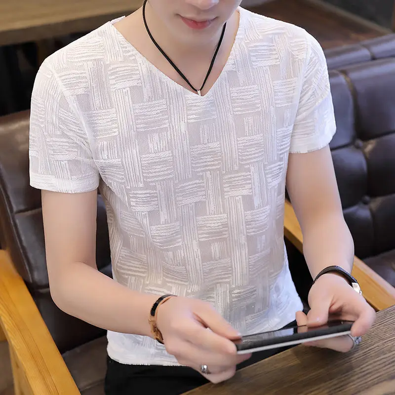 

Летняя шелковая футболка с коротким рукавом и V-образным вырезом, новинка 2021, Мужской Топ, Корейская стильная облегающая модная повседневна...