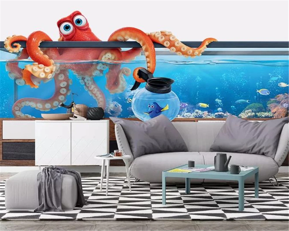 Фото 3d обои рыбка Танк Осьминог 3D стерео фон стены гостиной спальни украшения