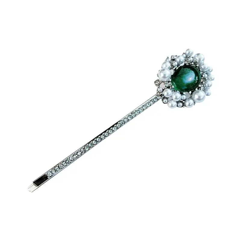 Hot Elegant Luxury Hair Clips Green Stone Rhinestone Hairclips for Women Vintage Pearl Barrettes Girls Headwear Accessories | Украшения и