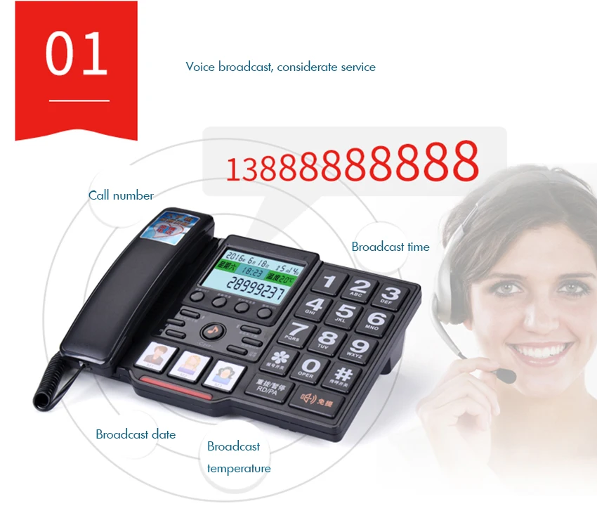 Проводной телефон с большой кнопкой стационарный для пожилых людей голосовой