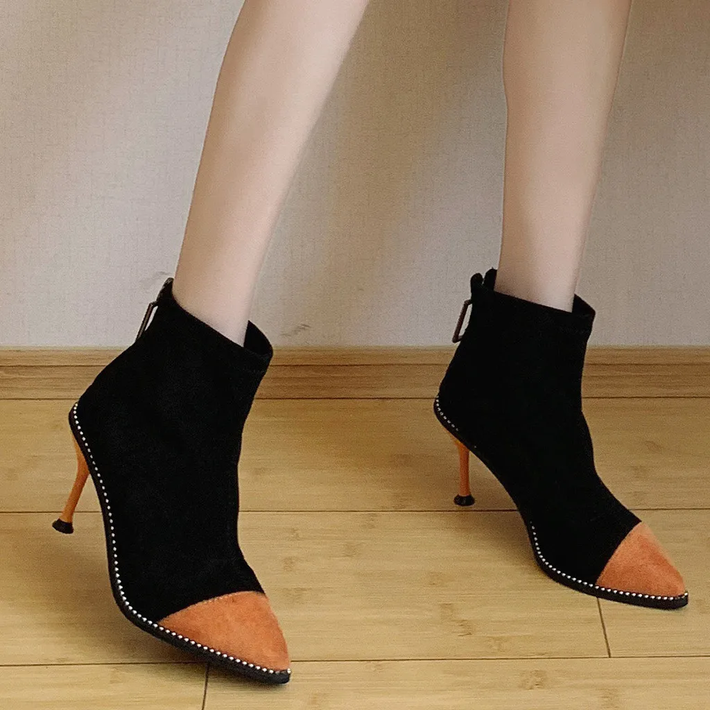 Женские ботинки на шпильках с острым носком молнии|Женские полусапожки| |