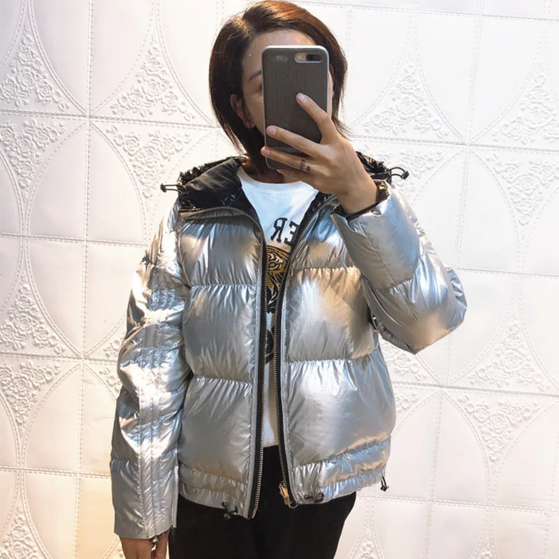 Black-No fur collar Для женщин теплая дутая куртка короткая пуховики и парки Двусторонняя одежда Пуховики на белом утином пуху Женская зимняя обувь серебряного порошка яркий Цвет пальто свободного кроя - Цвет: Black-No fur collar