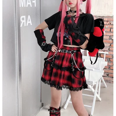 Ruibbit New Arrival Gothic Harajuku hot girl cake dress Pink sweet soft punk Japanese lace plaid Mini Short skirts | Женская одежда