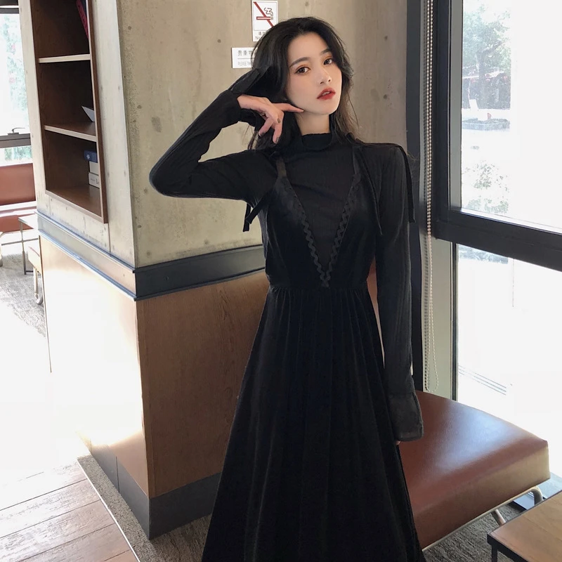 Осенне-зимнее черное платье в стиле Хепберн Женский комплект из двух частей Yujie