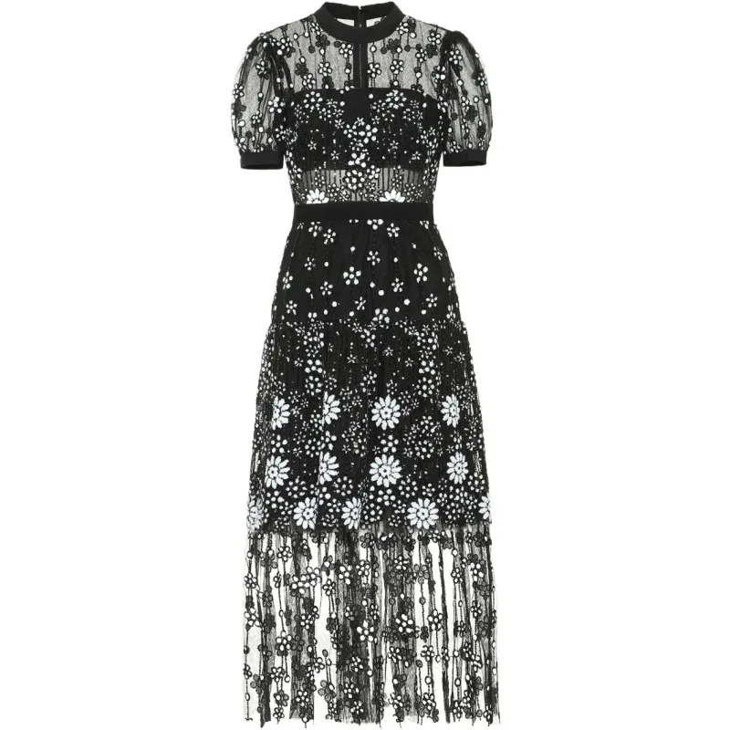 

Summer New Women's British Style Black Mesh Sequin Embroidered Round Neck Short Sleeve High Waist Slim Dress Long Skirt